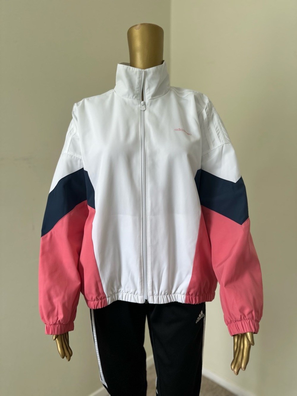 adidas Originals White, Pink & Navy Colorblock Bomber Jacket